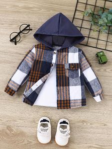 Jackets Autumn/Winter English Style Boy's Navy Blue Plaid Woolen Jacket Casual Fashion Street Hooded Coat Warm Handsome Buttons