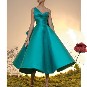 Vintage kısa saten balo elbiseleri çay uzunluğu 2023 artı boyutta bir omuz balo elbisesi, yaylı seksi gece elbiseleri ucuz