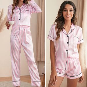 Kadınlar için iki parça set set pijama kadınlar için pembe çizgili saten ipek pijamalar pjs şort