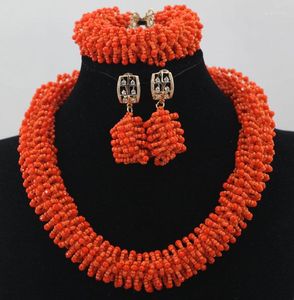 Kolye küpeler Set tıknaz aksesuarlar kadın hediye Afrika takı turuncu Nijeryalı düğün boncuklar kristal gelin alj698