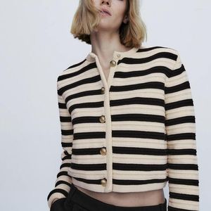 Kadın Sweaters hırka İspanyol tarzı 2023 Yün İnce Uygun Düğmesi Çizgili Örme Kısa Ceket Kadınlar