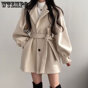 Kadın yünü karışımları orta uzunlukta topcoat blazer yaka yün ceket kadınlar kuşaklı kış ceket niş vintage gevşek moda palto katı trençkotlar 230830
