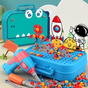 Tools Workshop Montessori Vidalama Aracı 3D Dinozor Bulma Bulmacası Oyuncaklar Tuğlalar Binası DIY Elektrikli Matkap Set Eğitim Çocuk Hediyesi 230830