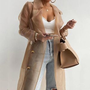 Kadın Ceketleri Kadın Organza Güneş Koruyucu Uzun Kollu Hendek Yaz Sonbahar Moda Kuşak Üstleri ile Çifte Çifte Ceket
