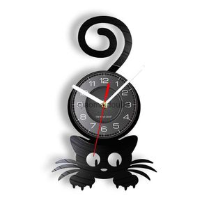 Relógios de parede Crazy Cat Lady Wall Art Silhouette Kitten Cat com Funny Tail Home Decor Relógio de parede Black Kitty Vinyl Record Clock Cat Pet Lover HKD230830
