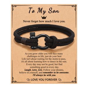 Stainlesss Steel Horseshoe Buckle Bracelet Black Handmade Knitted Rope Bracelet to My Son Grandson with Wish Card Elegant Luxury Bracelet Nice Jewelry Gift