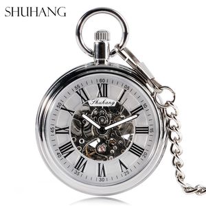 Pocket Watches SHUHANG Mechanic Watch Men Automatic Self Winding Pocket Watch Silver Simple Open Face Chain Pendant with Roman Number 230830