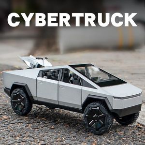Diecast Model 1 24 Tesla Cybertruck Metal Toy Car 1 24 Miniature Truck Pull Back Sound Light Collection Gift For Boy Children 230829