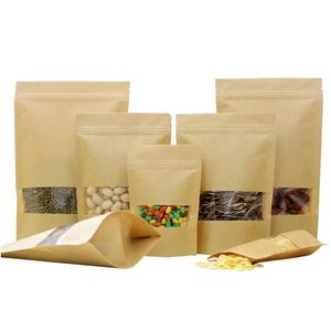 Großhandel Kraftpapiertüte mit Fenster Standbodenbeutel Taschen für Geschenk getrocknete Lebensmittel Obst Tee Verpackung Lagerung Drop Lieferung