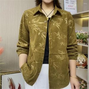Kadın Ceketleri Sonbahar tarzı gömlek lüks çizgili kadife bambu yaprağı kabartmalı moda uzun kollu gevşek ceket üst temel