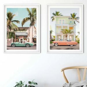 Tuval boyama vintage araba hindistancevizi orman poster baskılar tatil tarzı deniz kıyısı duvar sanat oturma odası yatak odası ev dekor hediye yok wo6