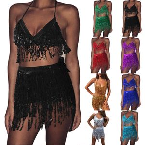 İki parçalı Dress'in Seksi Sequins Belly Dans Kalça Eşarp Püskül Fringe Mini Sargı Etek ve Glitter Sparkly Bikini Sütyen Üst Rave Party Clubwear 230830