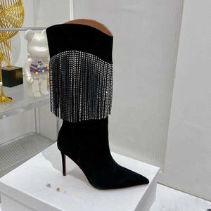 Begum stiletto topuklu uzun boylu botlar rhinestone sivri uçlu slip-on püskül botlar diz boyu bot lüks tasarımcılar kadın ayakkabı için ayakkabı