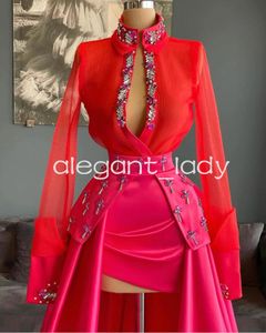 Organza kırmızı gömlek pembe saten balo elbisesi illüzyon uzun kollu kristal boncuklu yüksek düşük iki tonlu akşam elbise