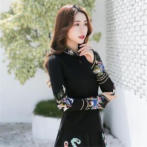 Женские блузки традиционная китайская рубашка Женские этнические мандаринские воротнички с длинным рукавом черная вышивка блузки Blusa Tops Cosplay Costumes