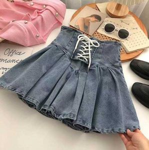 Skirts 2023 Korean kids girls denim ruffles skirt spring cotton fashion baby teenager CROSS girls skirt 3-14T clothes T230301