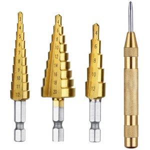 Professional Drill Bits 3 Pcs HSS Titanium Step Bit Set & 1 Automatic Center Punch