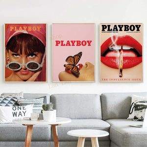 HIMIMPLE Play Boy Canvas Resim Dergisi Çiçekler Kelebekler Bunnies Kırmızı Dudaklar Seksi Lady Modern Poster Baskılar Duvar Resim Adam Mağara Sanat Ev Odası Dekor Çerçevesiz