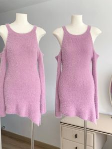 Sıradan Elbiseler Peluş Peluş Kadın İnce Örme Mini Düzensiz Frocks 2023 Sonbahar Kış Omuz Kapalı O boyun rahat Balo Elbise Kadın Düz Renk