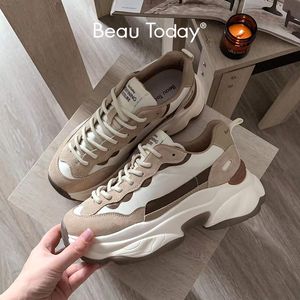 Dress Shoes BeauToday Platform Sneakers Women Suede Leather Patchwork Fabric Round Toe Mixed Color LaceUp Chunky Sole Ladies Trainers 29430 230302