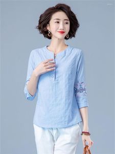 Kadın Bluzları Kadın Bahar Sonbahar Tarzı Gömlek Lady Rahat Üç Kuvars Kollu O yaka Nakış Blusas Tops SP1701