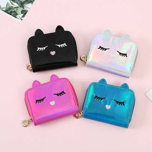 Кошельки 1pc Fashion pu кожаная лазерная мультипликационная кошачья кошелька кошельки голограммы кошельки для женщин Дети Дети Дети Симпатичная Держатель для застежки -молнии Сумка кошка Pursel230303