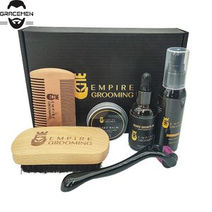 MOQ 100 Custom LOGO OEM Men Facial Hair Beard Kits wth Brush Wood Comb Beards Grow Oil Balm Wash Derma Roller in Retail Box