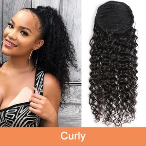 Su Dalgası Kıvırcık Çizme At kuyruğu İnsan Saç Uzantıları Siyah Kadınlar için Tam Doğal Örgütlenebilir Pony Kuyruk Saç Parçası Remy Saç Ponytails Clip Ins 140g 4 Molors