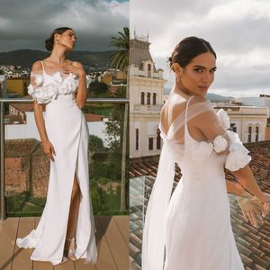 Glamorous Denizkızı Gelinlik Art Deco esintili boyun kare 2 adet 3D çiçek süsü tül ön bölünmüş mahkeme elbisesi özel yapılmış artı boyutu vestidos de novia