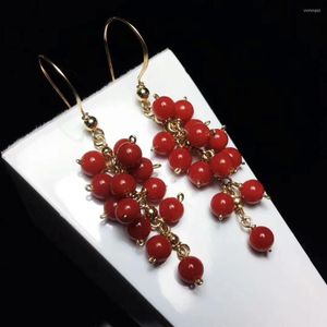Dangle Küpeler Doğal Malzeme Kırmızı Mercan Damlası 9K Altın Kadınlar için Düğün İnce Mücevherat