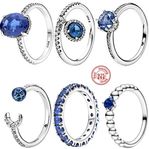 925 gümüş kadın fit pandora yüzüğü orijinal kalp taç moda yüzük mavi değerli taş serisi köpüklü yuvarlak şanslı