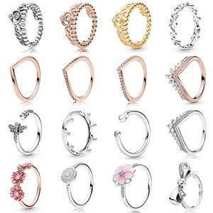 Женское кольцо Pandora из серебра 925 пробы, оригинальное кольцо с короной в виде сердца, модные кольца, сверкающее розовое золото, бабочка, корона, кристалл