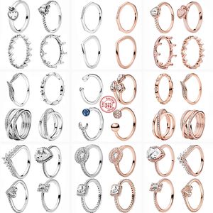 925 Mulheres de prata Fit Pandora Ring original Coroa da coroa anéis de moda Princesa Tiara Crown Sparkling Love Heart Cz