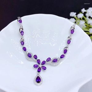 Zincirler 0.85Ct Doğal Ametist Kolye Kadın Parti Hediyeleri5 7mm Hassas Mor Kristal S925 Gümüş Şubat Doğum Taşı