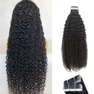 Peruk kapakları saç uzatmalarında bükülü kıvırcık bant kadınlar için insan saçı remy saç yapışkan görünmez #1B doğal siyah bant saç uzatma