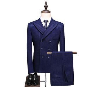 Мужские костюмы Blazers (жидкость для брюк куртки) шикарная темно -синяя полоса 3 штука