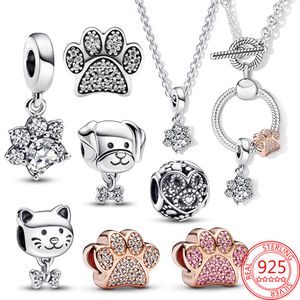 Pandora Pet Kolye S925 STERLING Gümüş Köpek Kedi ve Kürk Baskılı Takı Cazibesi Bilezik için uygun DIY Moda Takı