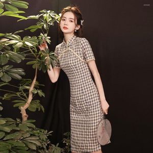 Etnik Kıyafet Cheongsam artı Beden Elbise Kadınlar 2023 Yaz Pamuk Karışımı Ekose Stand Yakası Retro Çin tarzı Qipao Elbiseler