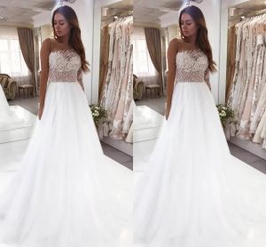 Sweet White a Line Wedding Plares Sexy Sheer Jewel Sece Beads Sequined Top Line Party Bridal Presption Howns Женщины формальные vestidos Custom Made BC15312