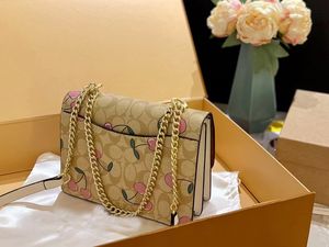 Yılan benzeri bağlayıcı tarafı, metal donanım zinciri ve kapakta güzel kiraz çiçeği işaretleri olan kadınlar için küçük modern flip kare kadın omuz çantası cüzdanları
