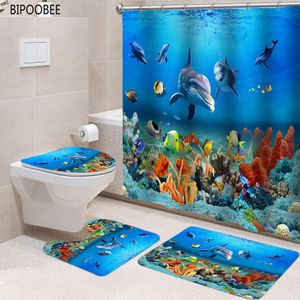 Duş perdeleri 3d okyanus deniz yatağı hayvanları tuvalet kapak banyo mat setler balık yunus baskısı banyo perdesi set su geçirmez kumaş duş perdeleri 230303