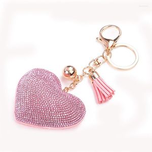 Chaves de chaves do coração Chave de coração 6 Color Crystal Key Ring Women Handbag Handms Charms Long Tassel Golden Chain Bag Techer Keyring