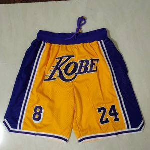 Shorts da basket 8 24 Bryant White Yellow Running Sports Abiti con tasche con cerniera S-XXL Mix Match Order Ordine di alta qualità cucitura