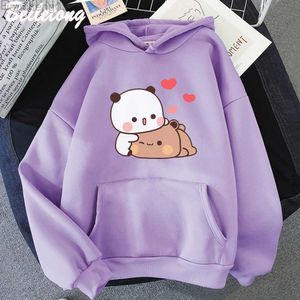 Kadın Hoodies Tişörtü Sevimli Panda Ayı Karikatür Hoodie Uzun Kollu Bubu Dudu Kore Tarzı Tişörtü Kadın 90'lar Pembe Komik Baskılar Harajuku Cep Kawaii W0306