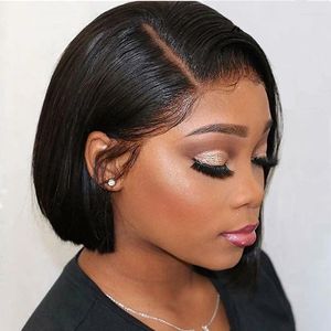 Бесклеевые человеческие волосы, короткая боковая часть, кружево 13x1, асимметричный парик Боб для чернокожих женщин, Perruque Cheveux Humain