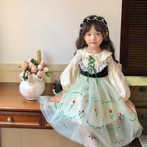 Kız Elbiseleri 2023 Yeni Partysu Kızlar Bahar ve Sonbahar Bebek Yakası Dondurulmuş Prenses Anna Uzun Kollu Elbise Çocuk Lolita Açık Yeşil Etek