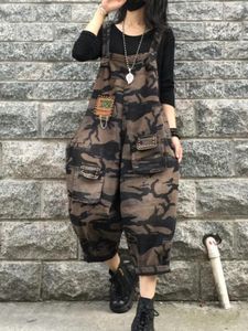 Kadın kot moda Retro kamuflaj Denim kolsuz tulum kadın 2023 bahar gevşek rahat askı tulum Streetwear Harem