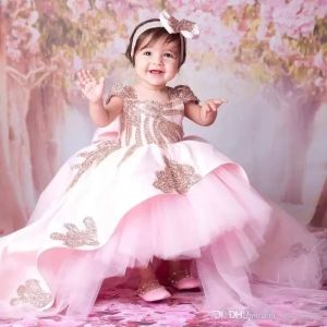 Bebek pembe dantel aplike çiçek kız elbiseler lüks kristal boncuklu kap sleevs kız resmi parti pageant communyayion gelinlik