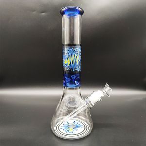 14 inç Heady Bong Cam Bong Mavi Doodle Kitle Boyama Ağır Kalın Kalın 9 mm Kalınlık Dondurucu Lüks Nargile Cam Bong Dabber Teçhizat Su Duman Borusu 14mm