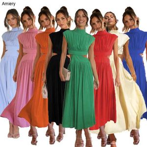 Whoelale 23 Yıllık Tatlı Moda Yaz Kadınlar Elbiseler Yeni Stand Yakası Düz ​​Renk Out Maksi Uzun Zarif Elbise Bayanlar